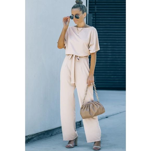 Azura Exchange  Apricot Oh So Glam Belted Wide Leg Jumpsuit - Picture 3 of 15